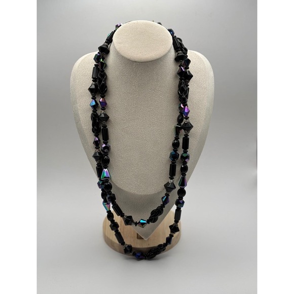 Judy Lee Jewelry - VTG Judy-Lee Signed‎ Black Glass AB Necklace Faceted Crystal Beads Collector